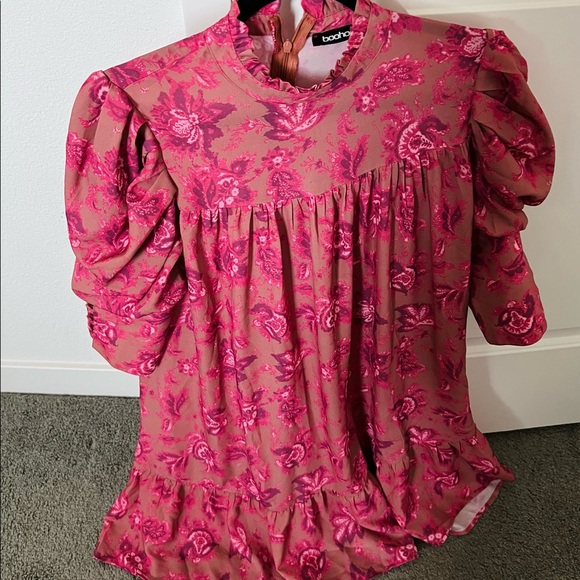 PRINTED PUFF SLEEVE RUFFLE NECK SMOCK DRESS - Picture 3 of 3